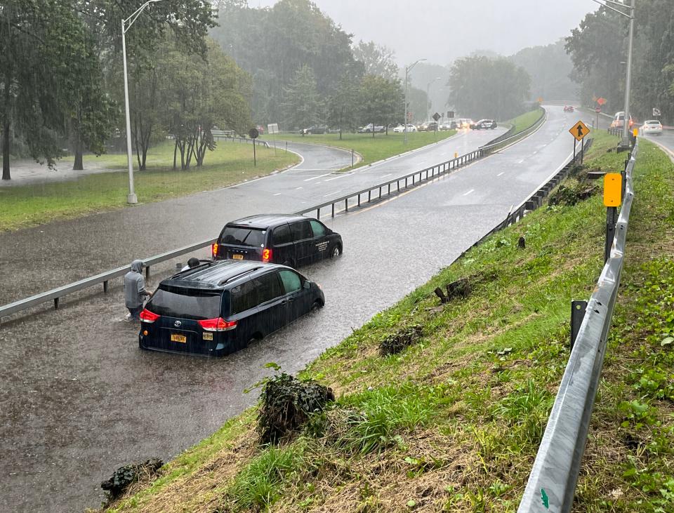 Cars get stuck in rising flood waters on the southbound Bronx River Parkway on the Yonkers/Bronxvllle border, Sept. 29, 2023.