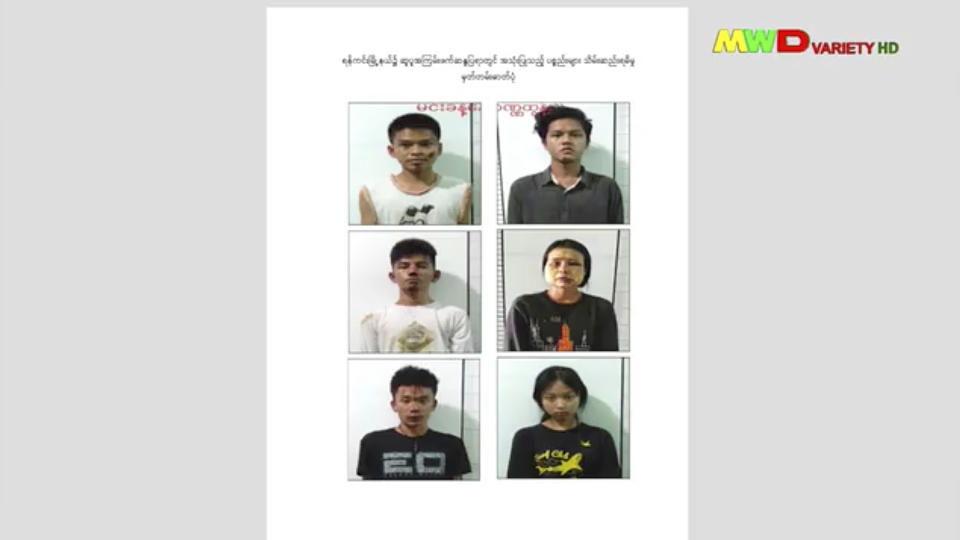 This image from an April 18, 2021 news report by Myawaddy TV shows people who security forces said they detained in a weapons raid a day earlier in the Yankin township of Yangon, Myanmar. At least 3,500 people have been detained since the military seized power in the country in February 2021, more than three-quarters of whom are male, according to an analysis of data collected by the Assistance Association for Political Prisoners, which monitors deaths and arrests. Of the 419 men whose ages were recorded in the group’s database, nearly two-thirds are under age 30, and 78 are teenagers. (Myawaddy TV via AP)