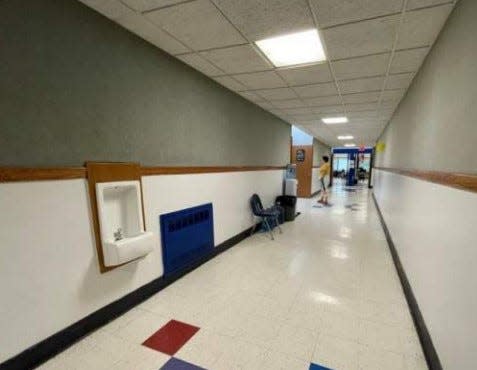 This Lime Kiln Elementary water fountain is turned off; bottled water station is seen in the background. All 13 East Ramapo schools and the school's administration building received a "failing" rating for non-functioning water outlets, taps for drinking/cooking in a state-mandated Building Condition Survey presented to the East Ramapo school board by CSARCH on June 20, 2023.