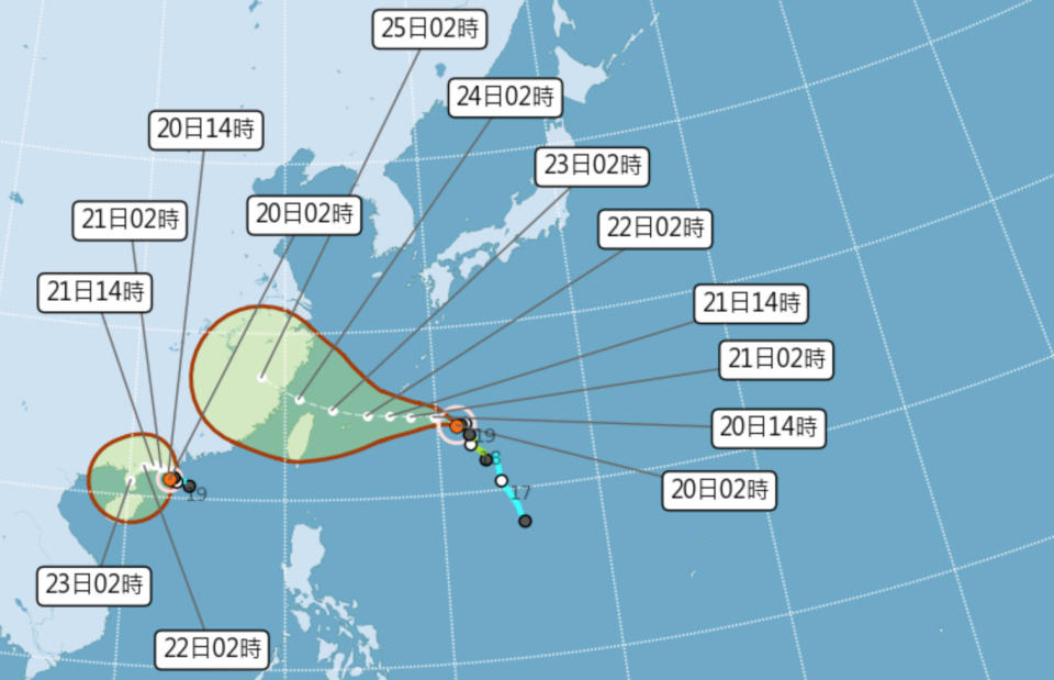 輕颱烟花今晚恐增強為中颱，預估明下半天發海警、周四發陸警，周五、六最靠近台灣，不排除登陸或成西北颱，提醒民眾周四起須嚴防強風豪雨！（圖片來源：氣象局，下同）