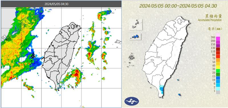 圖：今(5日)晨4：30雷達回波合成圖顯示，台灣兩側海上有降水回波(左圖)。4：30累積雨量圖顯示，恆春半島有局部雨(右圖)。