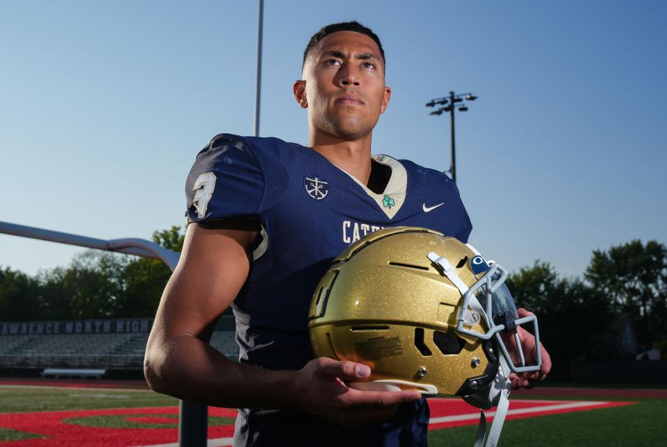 Cathedral's Zach Meeks poses for a photo Thursday, August 3, 2023, at Lawrence North High School in Indianapolis.  