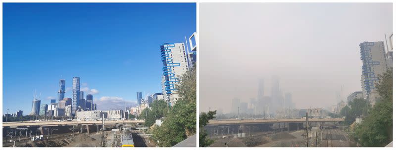 Social media combination of two pictures show clear skies in Melbourne city on January 9 and smoky skies on January 14