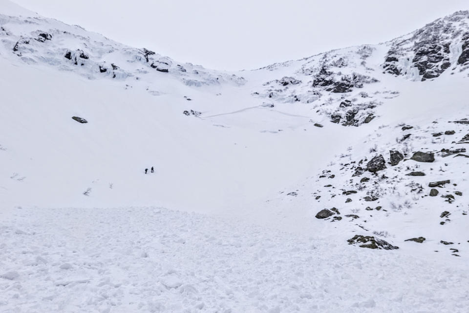 This photo provided by Mount Washington Avalanche Center shows the aftermath of an avalanche on Mount Washington on Saturday, Feb. 25, 2023, in N.H. (Jeff Fongemie/Mount Washington Avalanche Center via AP)