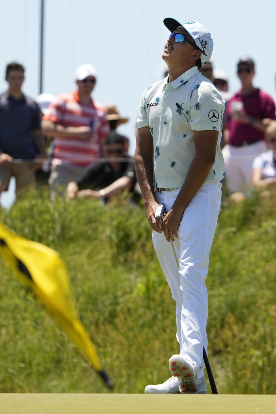 Rickie Fowler reacts as he misses a birdie putt on the eighth hole during the first round of the PGA Championship golf tournament on the Ocean Course Thursday, May 20, 2021, in Kiawah Island, S.C. (AP Photo/David J. Phillip)
