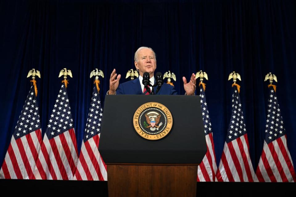 President Joe Biden discusses his efforts to reduce gun violence on March 14, 2023 at The Boys & Girls Club of West San Gabriel Valley in Monterey Park, California. (Photo by Jim WATSON / AFP) (Photo by JIM WATSON/AFP via Getty Images)