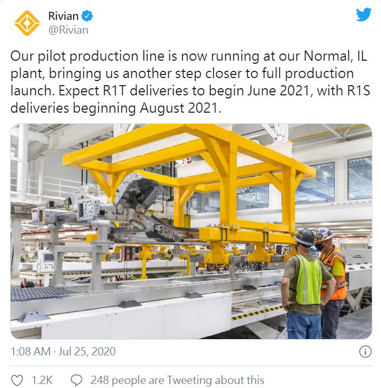 圖／Rivian在官方Twitter帳號透露端倪，日前也正式啟動位於伊利諾伊州的工廠生產線，希望明年能如期上市。