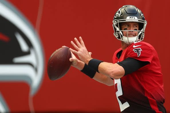 LONDON, ENGLAND - OCTOBER 10: Matt Ryan #2 of the Atlanta Falcons warms up during the NFL London 2021 match between New York Jets and Atlanta Falcons at Tottenham Hotspur Stadium on October 10, 2021 in London, England. (Photo by Clive Rose/Getty Images)