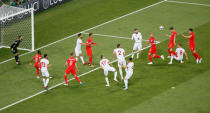 Soccer Football - World Cup - Group G - Tunisia vs England - Volgograd Arena, Volgograd, Russia - June 18, 2018 England's John Stones heads at goal before Harry Kane scores their first goal from the rebound REUTERS/Gleb Garanich