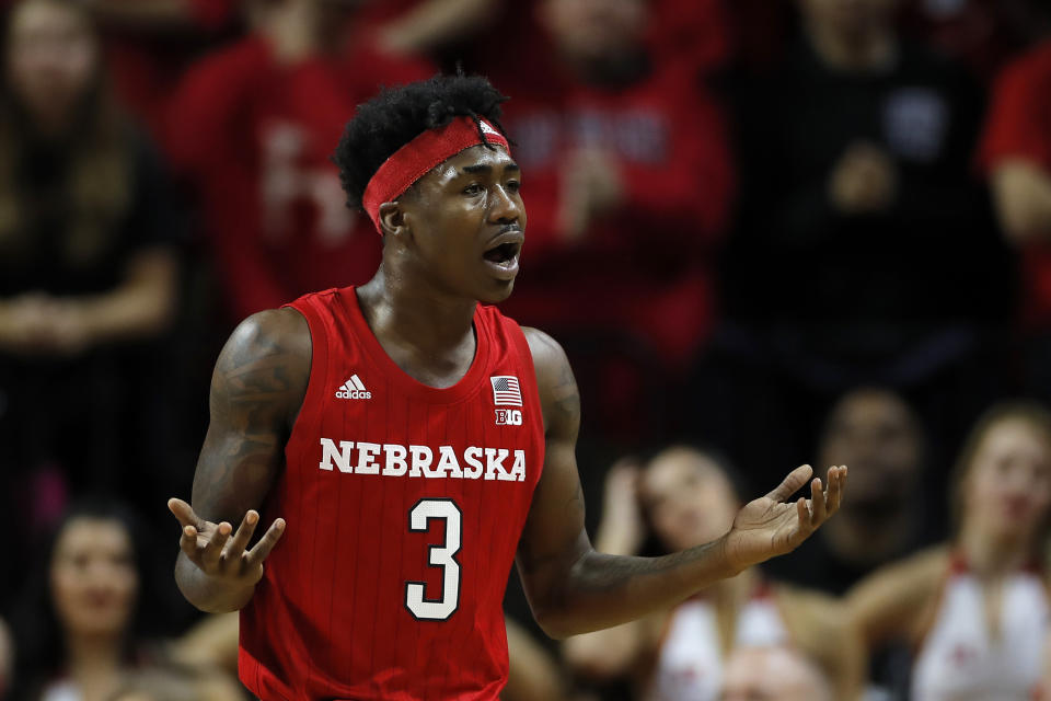 Nebraska guard Cam Mack (3) reacts after being called for a foul against Rutgers during the first half of an NCAA college basketball game Saturday, Jan. 25, 2020, in Piscataway, N.J. Rutgers won 75-72. (AP Photo/Adam Hunger)