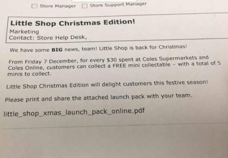 A note believed to be distributed by Coles internally about the launch of a Christmas set of Little Shop collectables. Source: Supplied