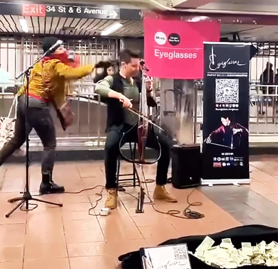 subway attack musician cello player @eyeglasses.stringmusic (@eyeglasses.stringmusic via Instagram)