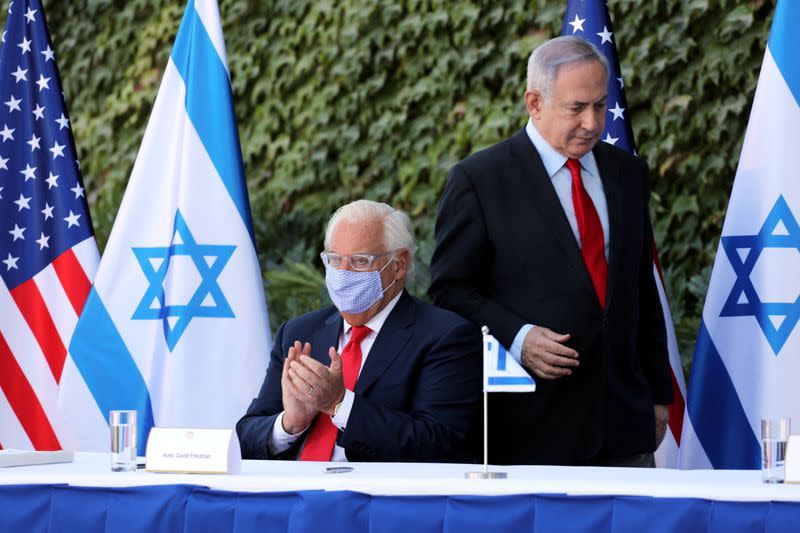 Israeli Prime Minister Netanyahu and U.S. Ambassador to Israel Friedman attend a special ceremony to extend Israel-U.S. scientific cooperation agreement in West Bank and Golan Heights, in Ariel in the Israeli-occupied West Bank