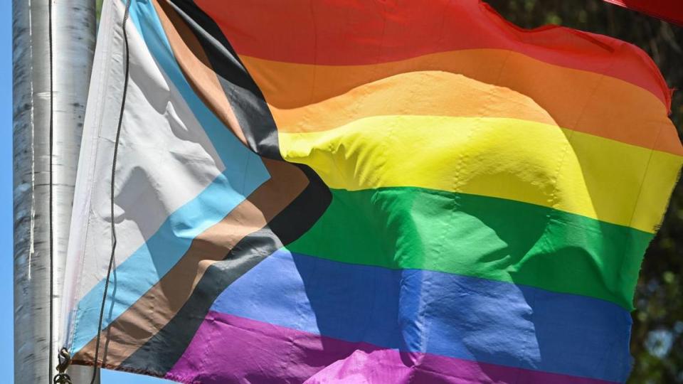 A Pride flag flies over Clovis Community College in Clovis following a ceremony to recognize June as Pride Month at the campus on Thursday, June 1, 2023.