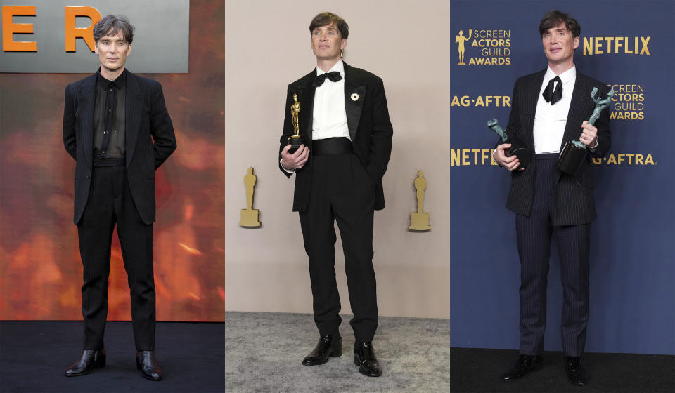 Esta combinación de fotografías muestra al actor Cillian Murphy con una camisa transparente y un traje de rayas de Saint Laurent en el estreno en Londres de "Oppenheimer" el 13 de julio de 2023, izquierda, Murphy con un traje negro a la medida de Atelier Versace con un broche de Sauvereign, con el premio a mejor actor por en los Oscar en Los Ángeles el 10 de marzo, centro, y en un traje de Saint Laurent en los Premios SAG en Los Ángeles el 24 de febrero donde ganó el premio a mejor actor y mejor elenco por "Oppenheimer". (Foto AP)