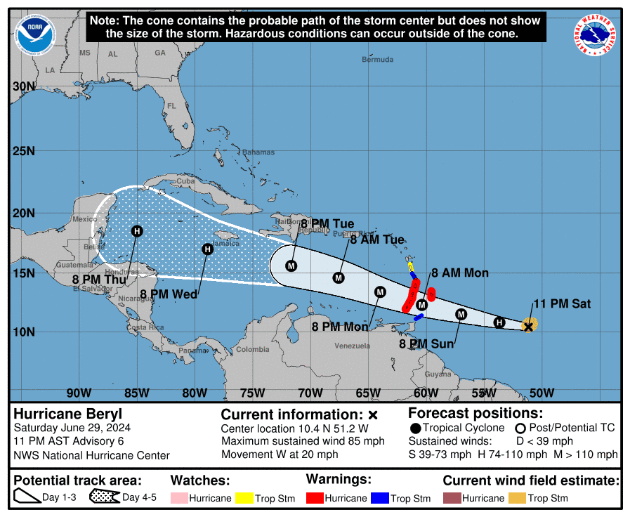 Hurricane Beryl's winds are forecast to reach 125 or more as it arrives along the Windward Islands Monday. The National Hurricane Center's forecast cone graphic shows only the likely path of the center of the storm, not the full reach of potential impacts.