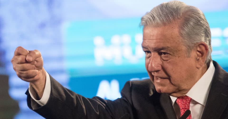 Andrés Manuel López Obrador, Presidente de México, durante la conferencia de prensa de este diaen el salón Tesorería de Palacio Nacional.