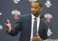 Willie Green speaks at a news conference where he was introduced as the new head coach for the New Orleans Pelicans NBA basketball team, in Metairie, La., Tuesday, July 27, 2021. (AP Photo/Ted Jackson)