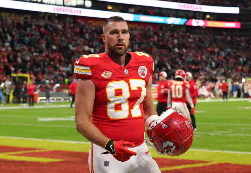 FRANKFURT AM MAIN, GERMANY - NOVEMBER 5: Travis Kelce of Kansas City Chiefs looks on ahead of the NFL match between Miami Dolphins and Kansas City Chiefs at Deutsche Bank Park on November 5, 2023 in Frankfurt am Main, Germany.