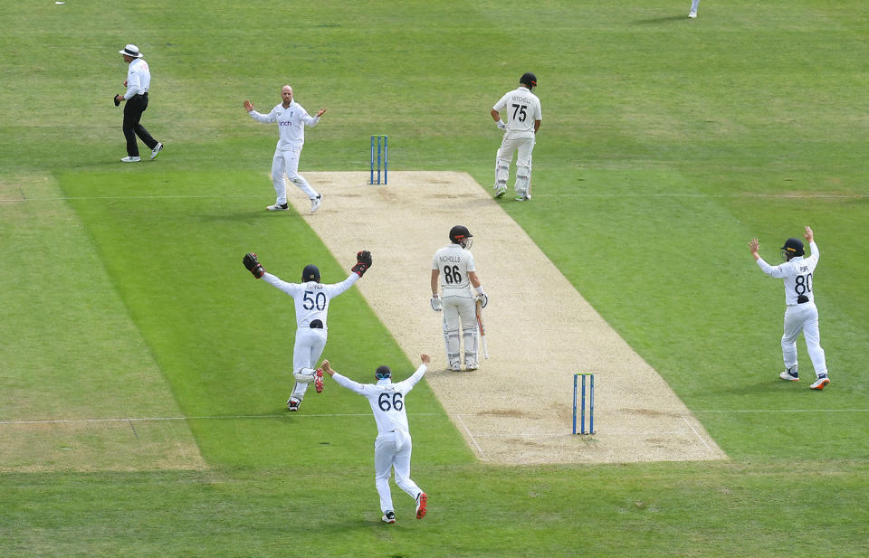 England players, pictured here celebrating after Henry Nicholls' freak dismissal in the third Test.