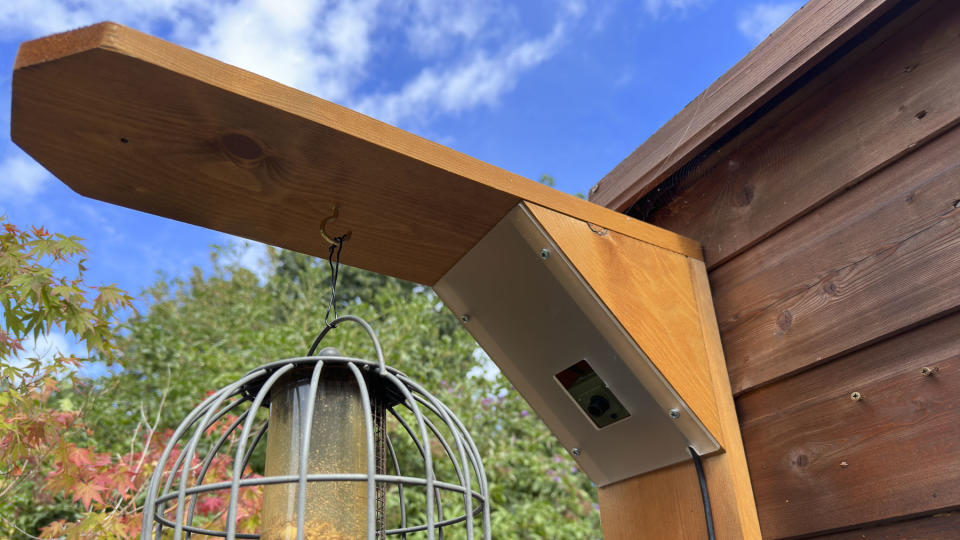 Green Feathers Bird Feeder Camera attached to a shed