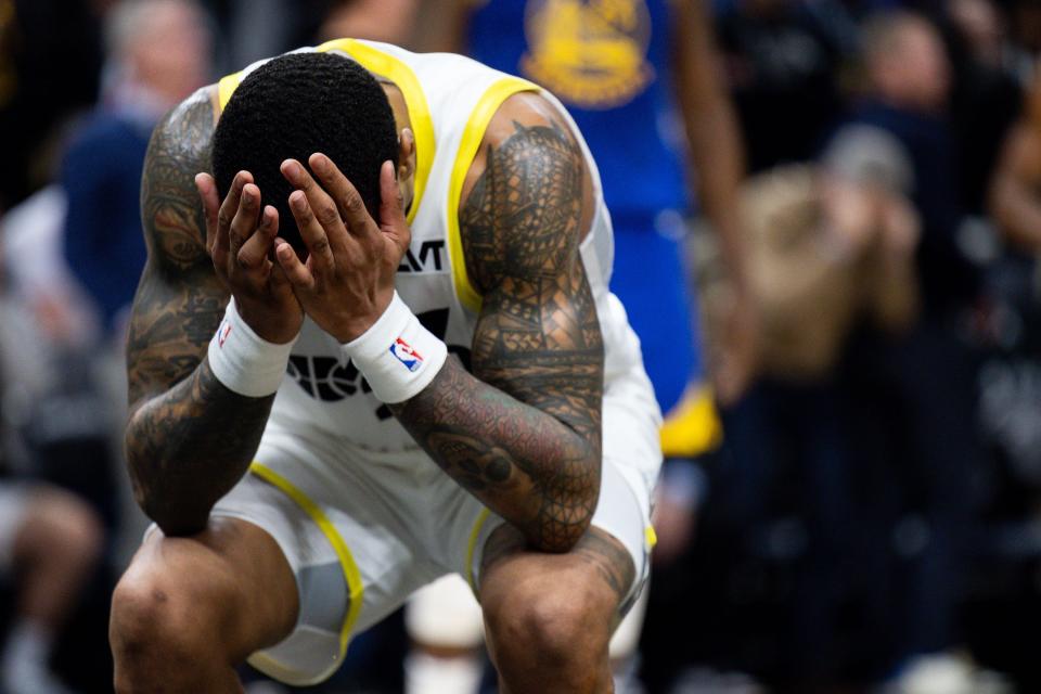 Utah Jazz forward John Collins (20) reacts after their 140-137 loss in the NBA basketball against the Golden State Warriors at the Delta Center in Salt Lake City on Thursday, Feb. 15, 2024. | Megan Nielsen, Deseret News