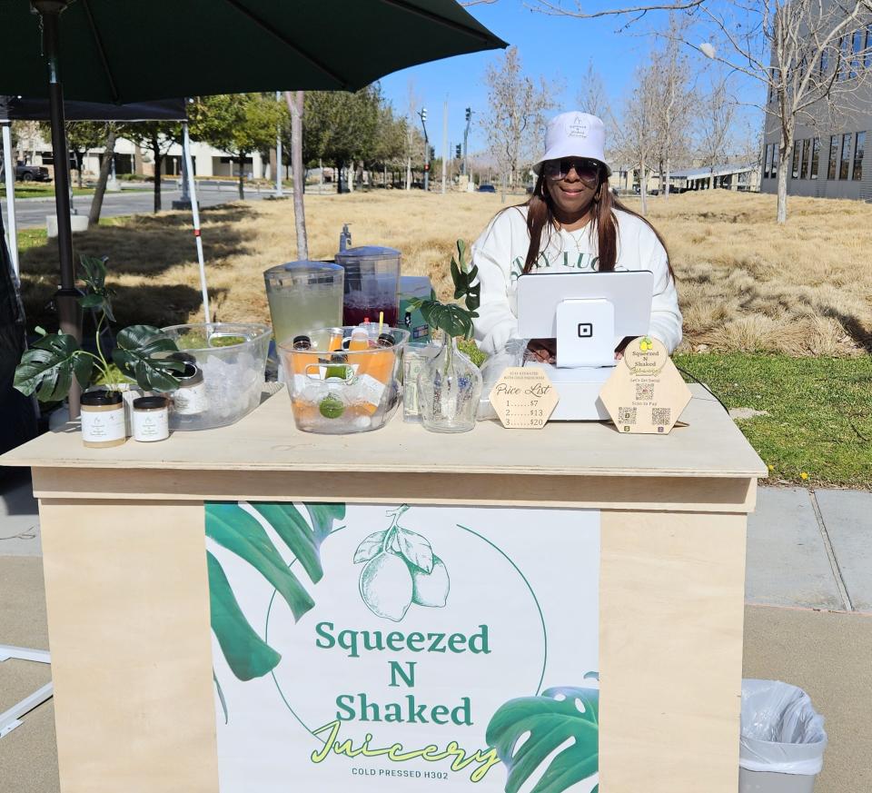 Dashelle Day of Squeezed N Shaked has freshly made and healthy fruit and vegetable juices and more on alternate Saturdays at Hesperia's Farmers Market.