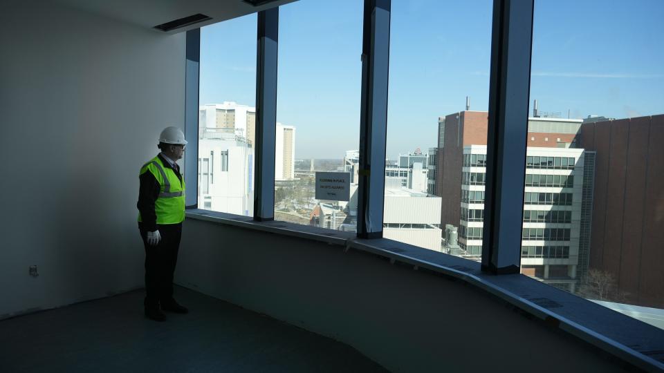 The Ohio State University Wexner Medical Center's new inpatient hospital tower is "a feat of engineering," said Dr. Andrew Thomas, chief clinical officer and senior associate vice president for health sciences. Tobias stands near one of the natural light "end of hallway" areas, an architectural feature of the 1.9 million-square-foot, 26-story inpatient tower.