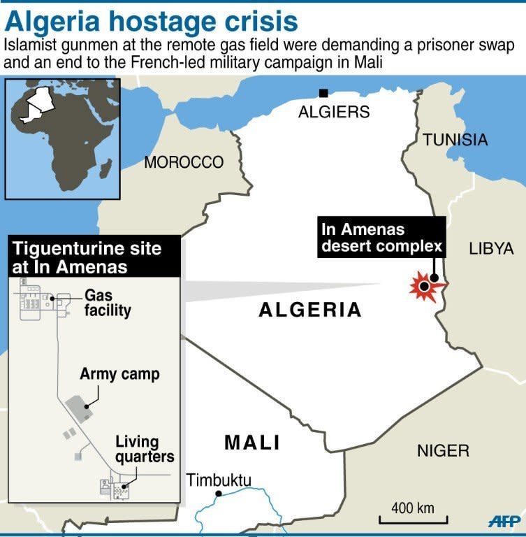 Map locating the gas field attacked by self-proclaimed Al-Qaeda gunmen. The Al-Qaeda-linked gunmen, cited by Mauritania's ANI news agency, said they still held seven foreigners at the site deep in the Sahara near the border with Libya