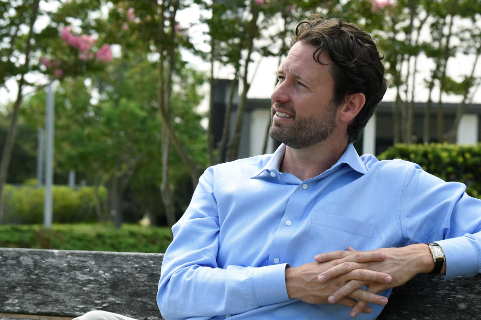 Former U.S. Rep. Joe Cunningham talks during an interview with The Associated Press about his campaign for South Carolina governor on Saturday, July 10, 2021, in Mount Pleasant, S.C. Cunningham says he wants to legalize marijuana in South Carolina, something he says would provide healthcare options, create jobs and generate millions in revenue for the state. (AP Photo/Meg Kinnard)