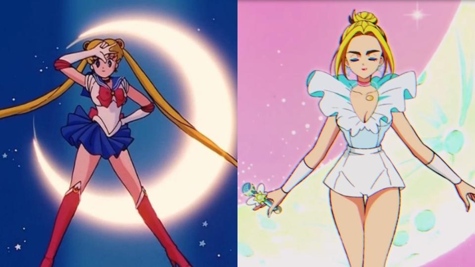 Sailor Moon side by side with Dua Lipa Sailor Moon Music Video - two women in front of the moon