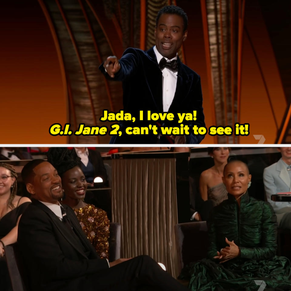 chris on stage gesturing towards the Smiths in the audience. Text on image says "Jada, I love ya! G.I. Jane 2, can't wait to see it!"