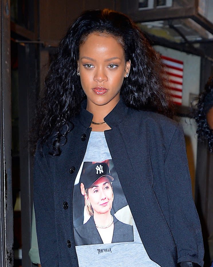 Rihanna wore a Hillary Clinton supporter t-shirt in New York City in October. (Photo: Getty Images)