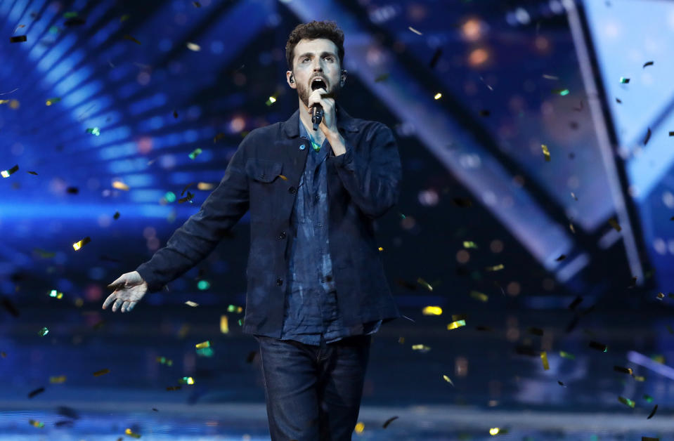 Duncan Laurence of the Netherlands performs his song, "Arcade" after winning the 2019 Eurovision Song Contest grand final in Tel Aviv, Israel, Saturday, May 18, 2019. (AP Photo/Sebastian Scheiner)