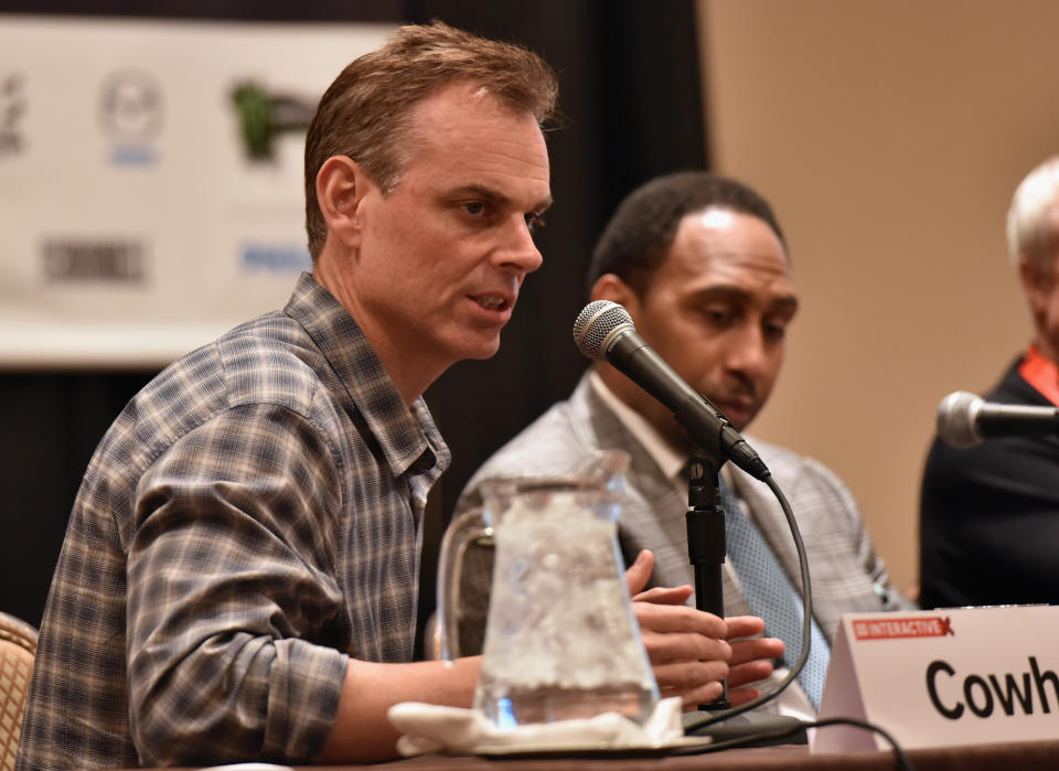 AUSTIN, TX - MARCH 13:  (L-R) Colin Cowherd (L) and Stephen A. Smith speak onstage at 'The Evolution of Audio in the 21st Century' during the 2015 SXSW Music, Film + Interactive Festival at Four Seasons Hotel on March 13, 2015 in Austin, Texas.  (Photo by Amy E. Price/Getty Images for SXSW)