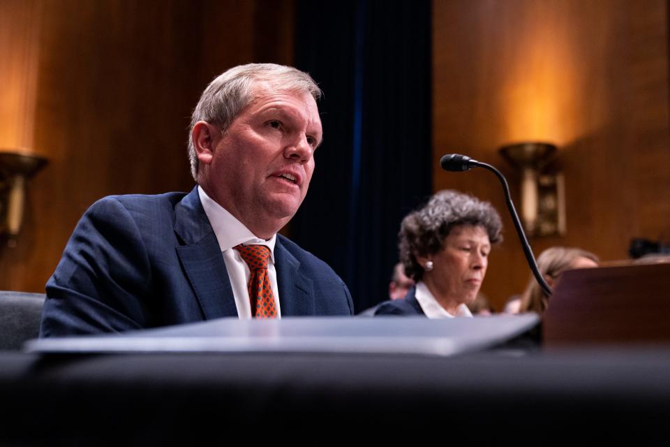 Mar 9, 2023; Washington, DC, USA; Alan Shaw, Norfolk Southern Corporation President and CEO, testifies before the U.S. Senate Environment and Public Works Committee during a hearing on protecting public health and the environment in the wake of the Norfolk Southern train derailment and chemical release in East Palestine, Ohio, Thursday, March 9, 2023 in Washington,