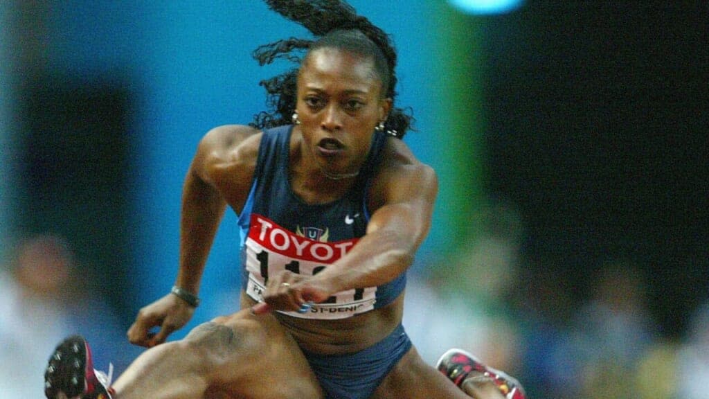 Gail Devers of the USA in action during the semi finals of the Womens 100m hurdles