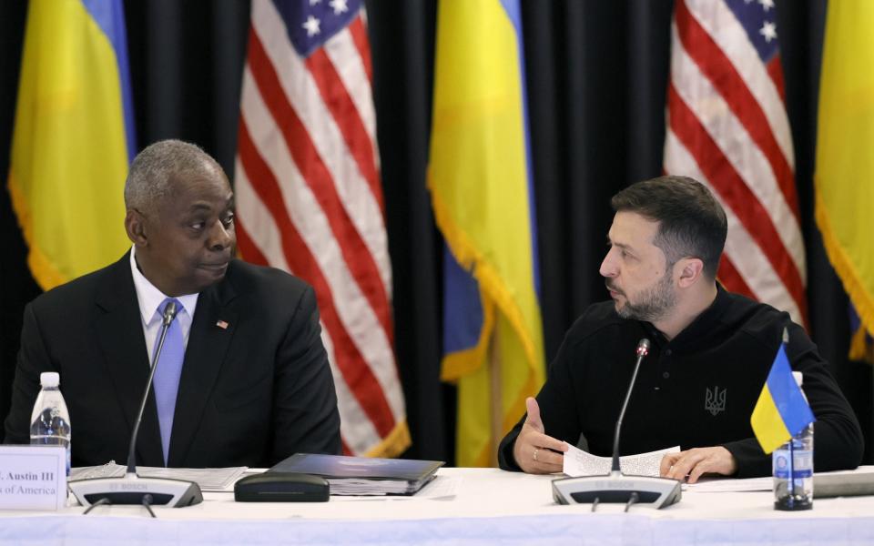 Volodymyr Zelensky appears alongside the US defence secretary during the seventh meeting of the Ukraine Defence Contact Group in Germany