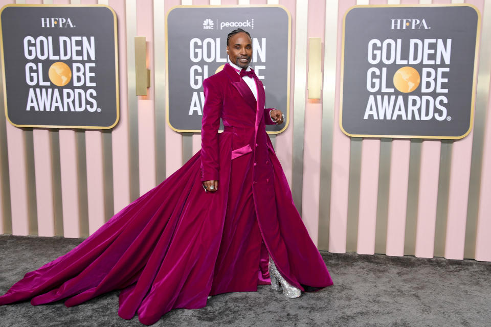 billy porter, golden globes, velvet dress, glitter heels, sparkle heels, pumps, red carpet