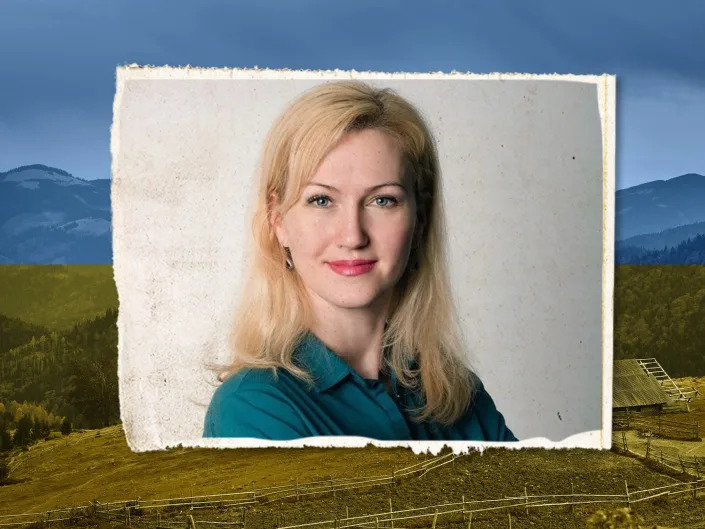 Photo of Tatiana Perebiyinis in front of lanscape image of Ukraine 4x3