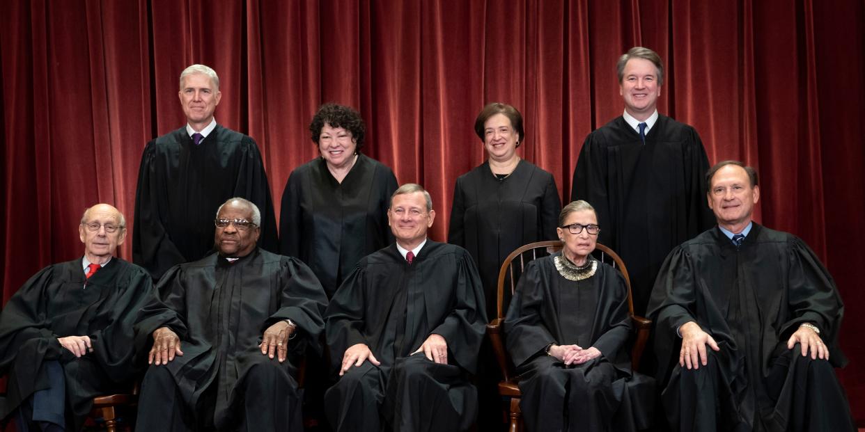 FILE - In this Nov. 30, 2018, file photo, the justices of the U.S. Supreme Court gather for a formal group portrait to include the new Associate Justice, top row, far right, at the Supreme Court building in Washington. Seated from left: Associate Justice Stephen Breyer, Associate Justice Clarence Thomas, Chief Justice of the United States John G. Roberts, Associate Justice Ruth Bader Ginsburg and Associate Justice Samuel Alito Jr. Standing behind from left: Associate Justice Neil Gorsuch, Associate Justice Sonia Sotomayor, Associate Justice Elena Kagan and Associate Justice Brett M. Kavanaugh. It’s the time of the year when Supreme Court justices can get testy, but they might have to find a new way to show it. (AP Photo/J. Scott Applewhite, File)