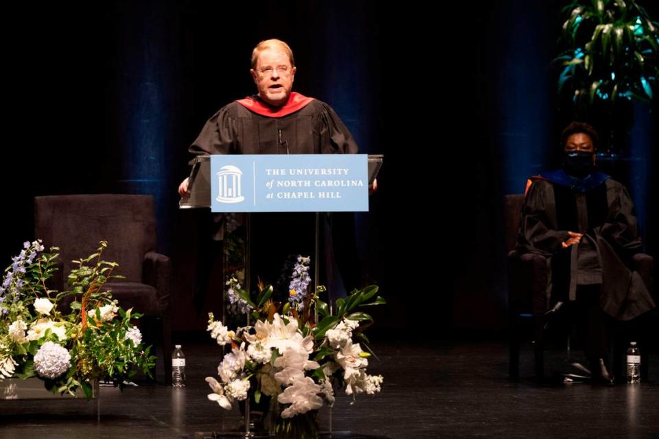 Peter Hans, President of the University of North Carolina System, brings greetings as Kevin M. Guskiewicz is installed as the 12th Chancellor of the University of North Carolina at Chapel Hill during a ceremony held at Memorial Hall. October 11, 2020.