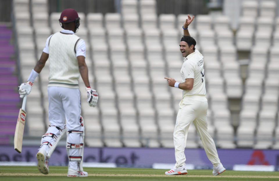England's James Anderson, right, appeals successfully for the wicket of West Indies' Shamarh Brooks during the third day of the first cricket Test match between England and West Indies, at the Ageas Bowl in Southampton, England, Friday, July 10, 2020. (Mike Hewitt/Pool via AP)