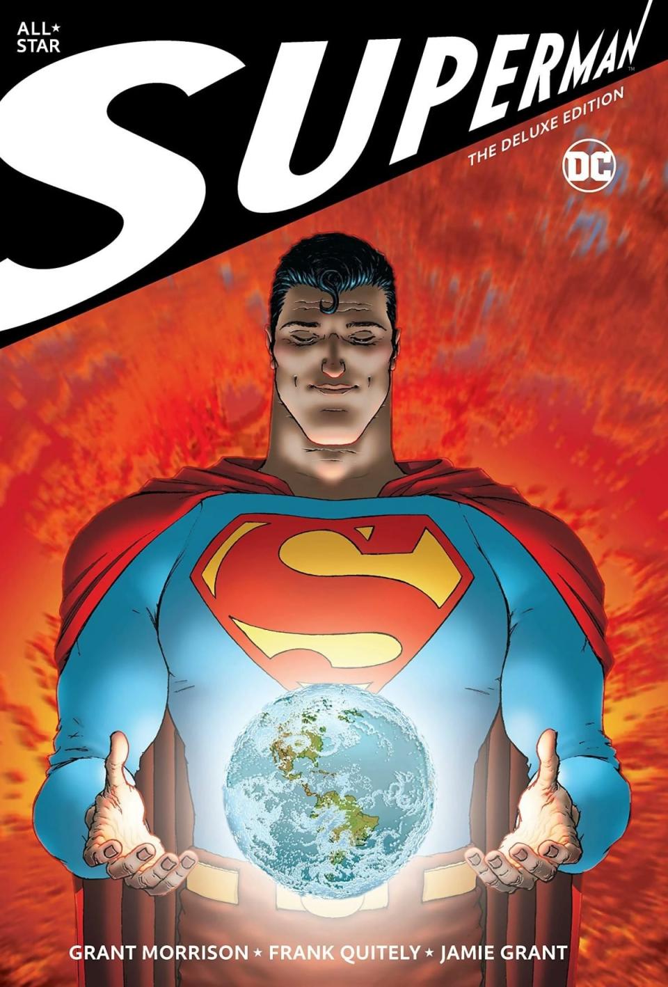 The cover of All-Star Superman shows Superman holding the globe and smiling.