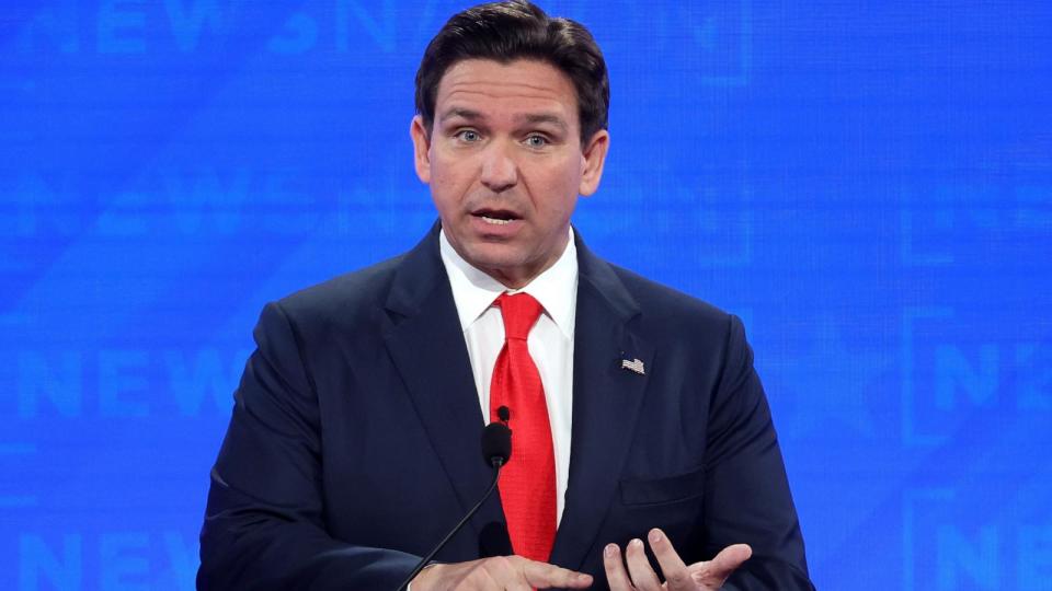 PHOTO: Republican presidential candidate Florida Gov. Ron DeSantis participates in the NewsNation Republican Presidential Primary Debate at the University of Alabama Moody Music Hall on Dec. 6, 2023 in Tuscaloosa, Ala. (Justin Sullivan/Getty Images)