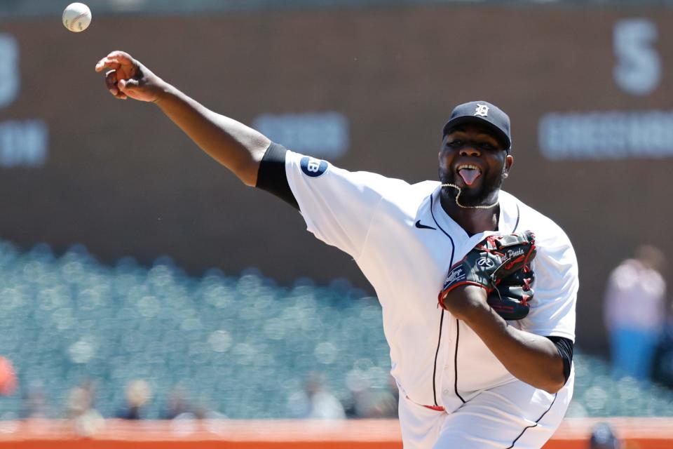 Tigers starting pitcher Michael Pineda pitches in the first inning May 4, 2022 against the Pittsburgh Pirates at Comerica Park.