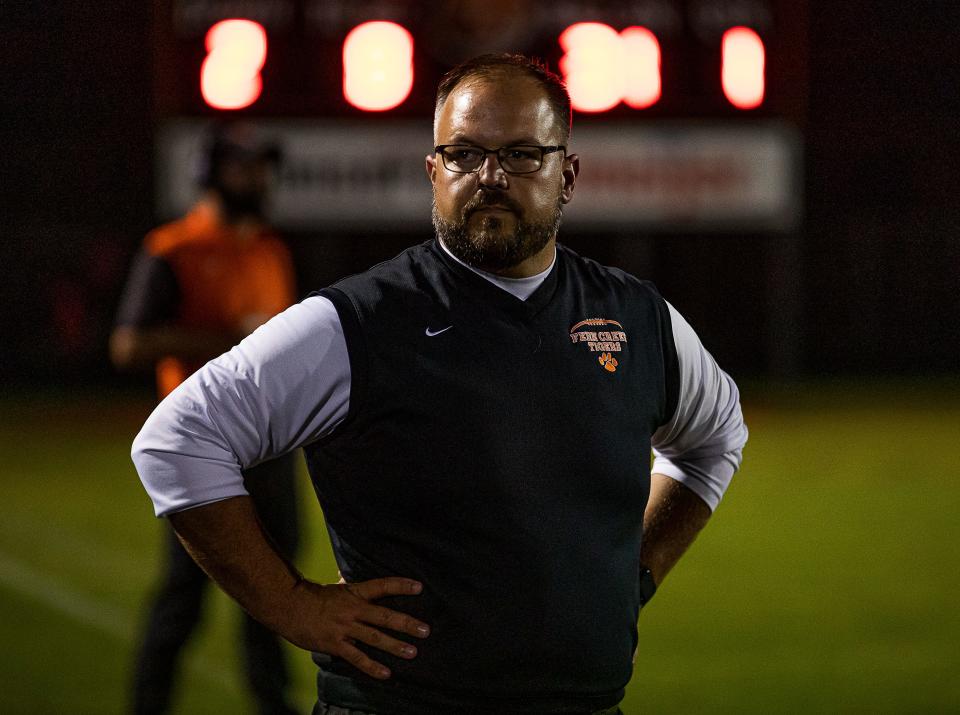 Fern Creek head coach Joshua Abell was looking to his bench early in the first quarter against Male. Oct. 15, 2021