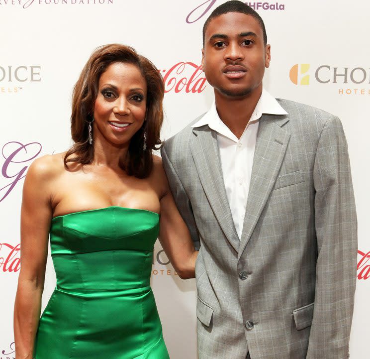 Holly Robinson-Peete and her son Rodney Peete, Jr. attends the 2015 Steve and Marjorie Harvey Foundation Gala at the Hilton Chicago on May 16, 2015 in Chicago, Illinois.