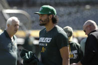 Oakland Athletics pitcher Sean Manaea walks on the field during baseball practice in Oakland, Calif., Tuesday, Oct. 1, 2019. The Athletics are scheduled to face the Tampa Bay Rays in an American League wild-card game Wednesday, Oct. 2. (AP Photo/Jeff Chiu)