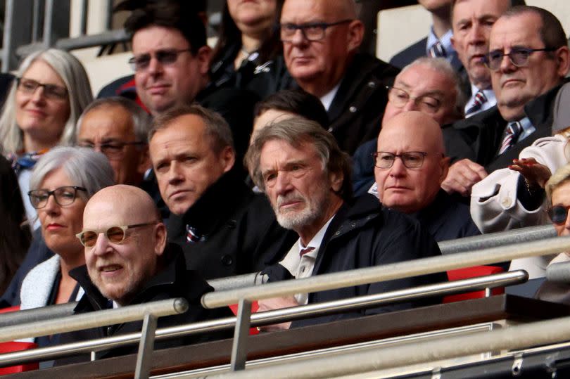 Avram Glazer and Sir Jim Ratcliffe, looks on from the stands during the Emirates FA Cup Semi Final match between Coventry City and Manchester United at Wembley Stadium.